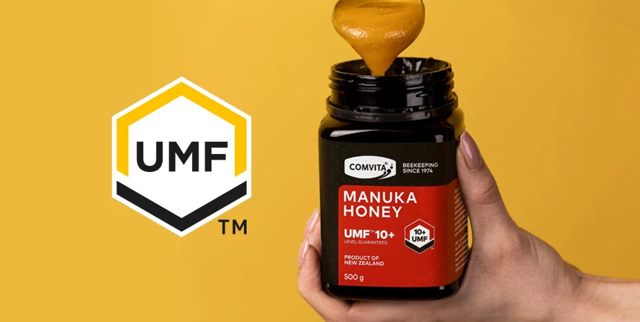 Manuka honey in jar highlighting UMF logo for quality